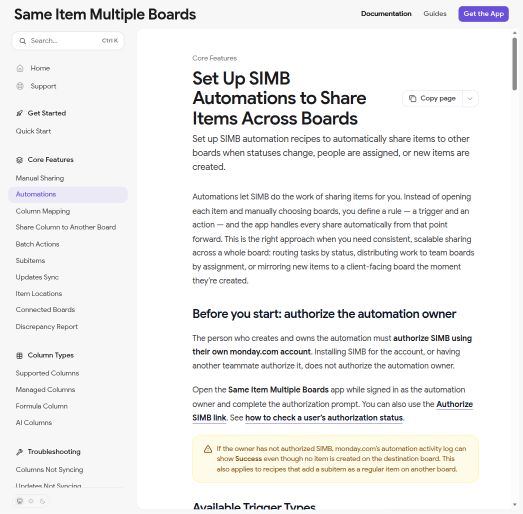 SIMB automations interface showing how to automatically share items when status changes or other triggers