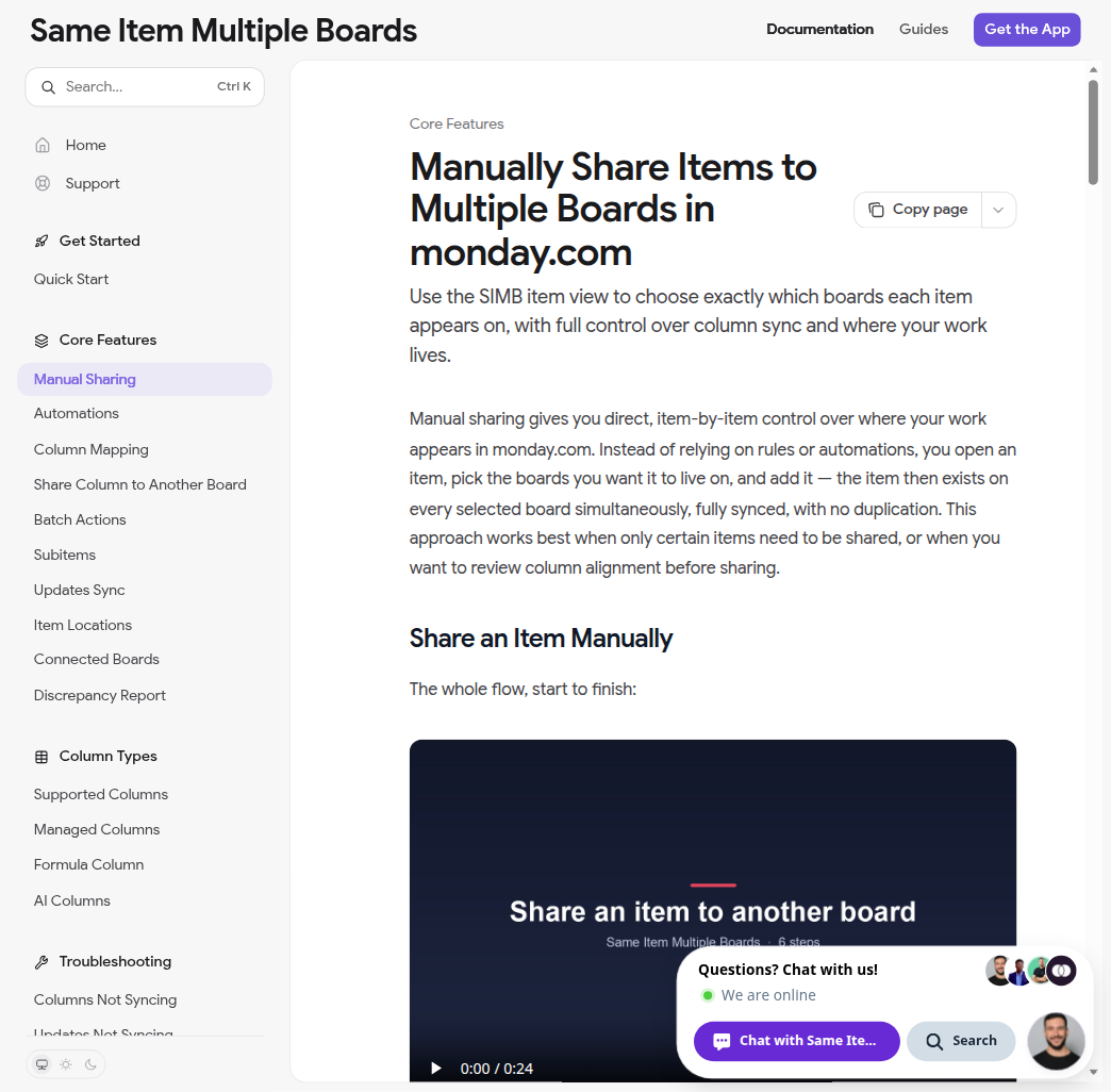 SIMB manual sharing interface showing how to share an item to another board with workspace, board, and group selection